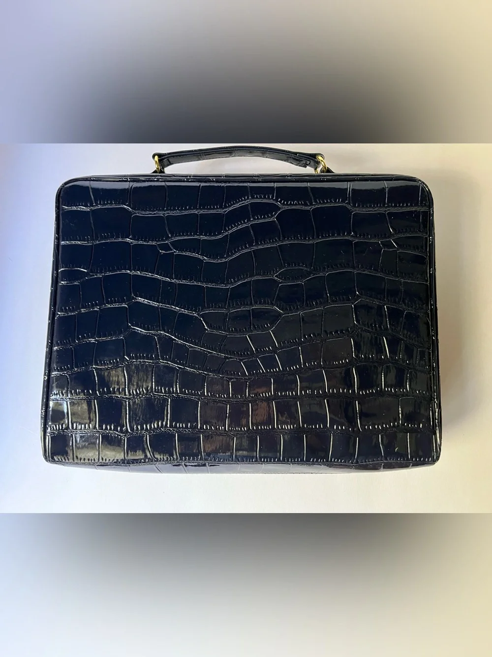 Estee Lauder Navy Patent Croc-Texture Cosmetic Pouch with Gold Zipper Pulls